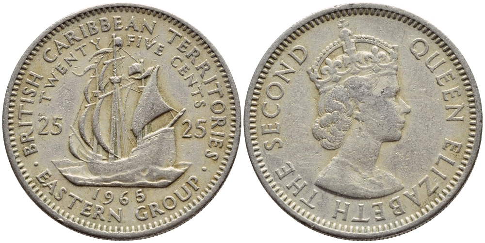 Британские Восточно-Карибские территории 25 центов 1965 Елизавета II (1952-2022), парусник KM 6 медно-никель 73-1826