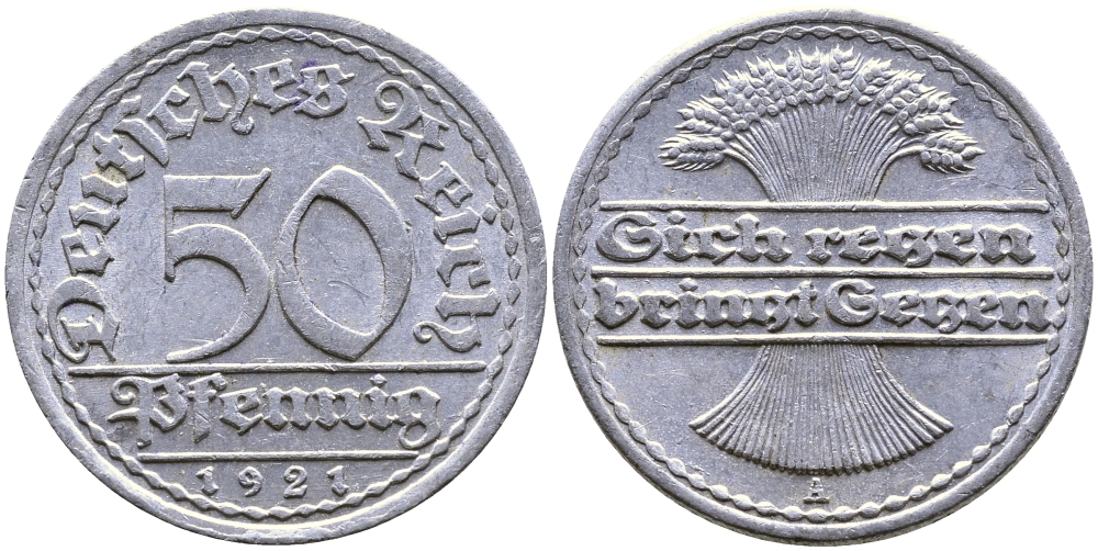 Германия 50 пфеннигов 1921 A KM 27, J.301, Weege 10 алюминий 87-252