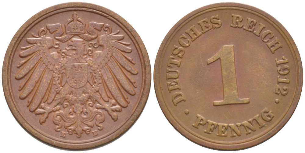 ГЕРМАНИЯ 1 ПФЕННИГ 1912 E KM 10, J. 10, Weege 2 медь 211-456