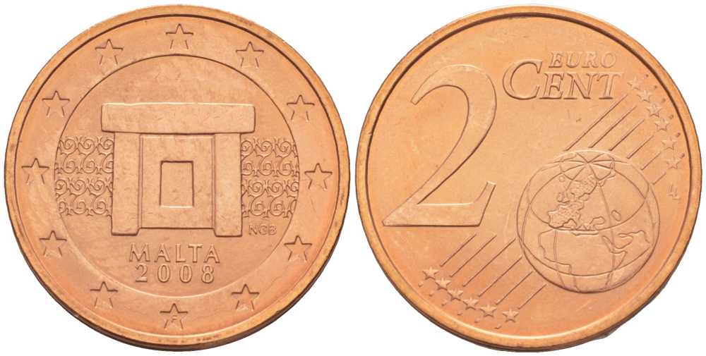 Мальта 2 евроцента 2008 KM 126 сталь плакированная медью UNC 54-966