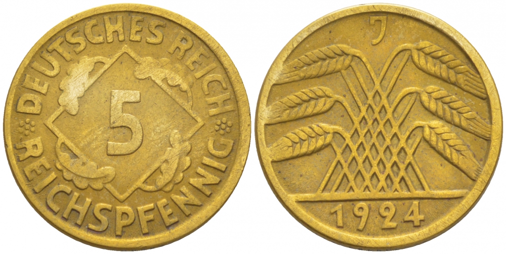 ГЕРМАНИЯ 5 РЕЙХСПФЕННИГОВ 1924 J, KM 39, J. 316 алюминиевая бронза 3996-1128