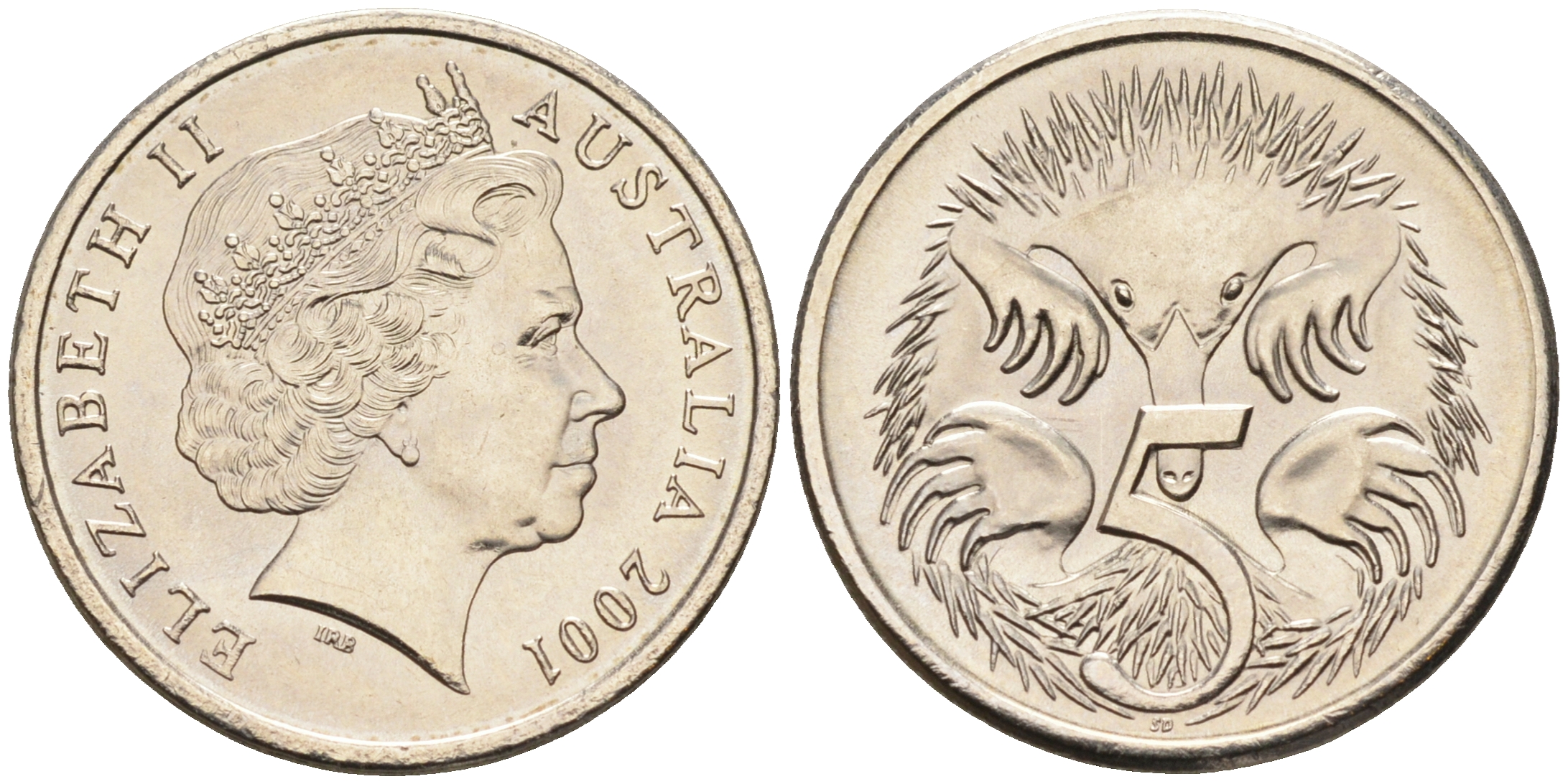 Австралия 5 центов 2001 Елизавета II (1952-2022), ехидна KM 401 медно-никель UNC 4588-1025