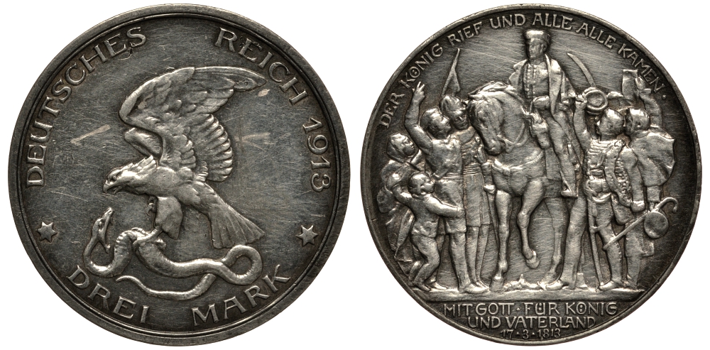 Пруссия 3 марки 1913 Вильгельм II (1888-1918), 100 лет победы над Наполеоном KM 534, J. 110 серебро 3711-1322