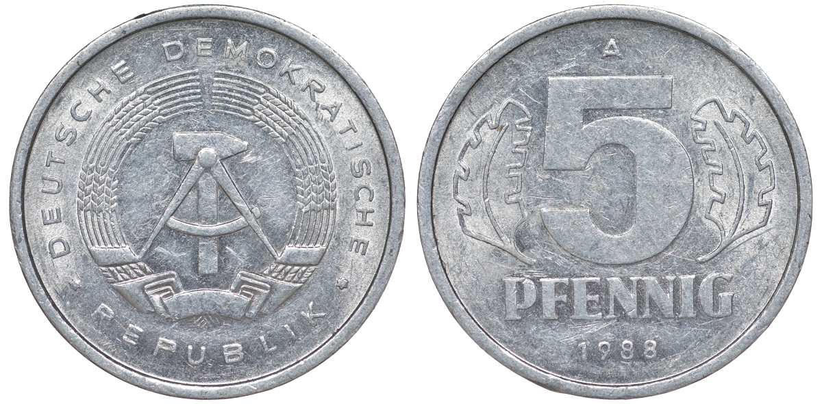 ГДР 5 ПФЕННИГОВ 1988 А алюминий 62-546