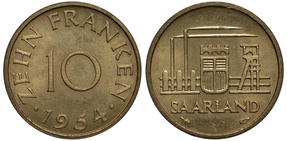 Саарланд 10 франков 1954 индустрия KM 1 алюминиевая бронза 186-942