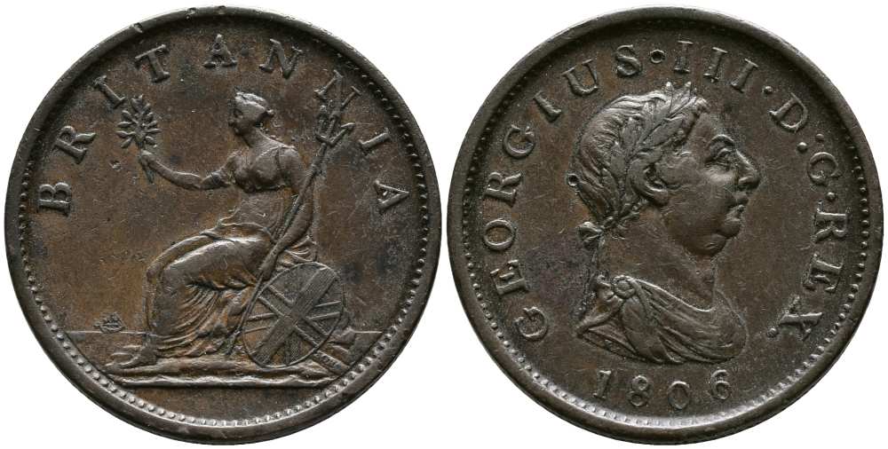 Великобритания 1 пенни 1806 Георг III (1760-1820) Spink 3780, KM 663 медь 1518-415