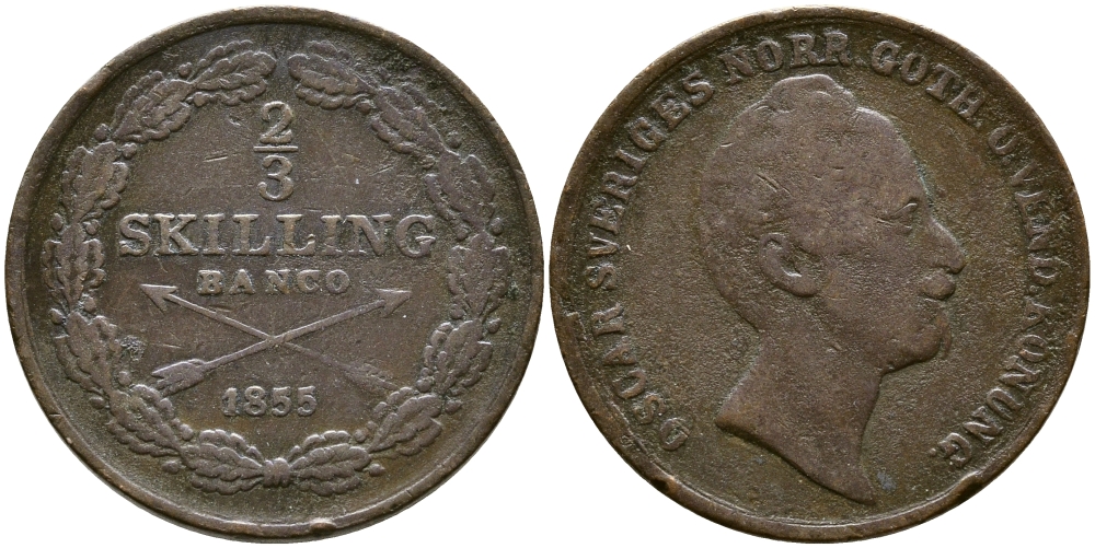 Швеция 2/3 скиллинга 1855 Оскар I (1844-1859) KM 663 медь 4384-653