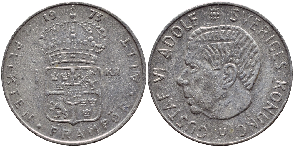 Швеция 1 крона 1973 Густав VI Адольф (1950-1973) KM 826а медь плакированная медно-никелем 4395-337