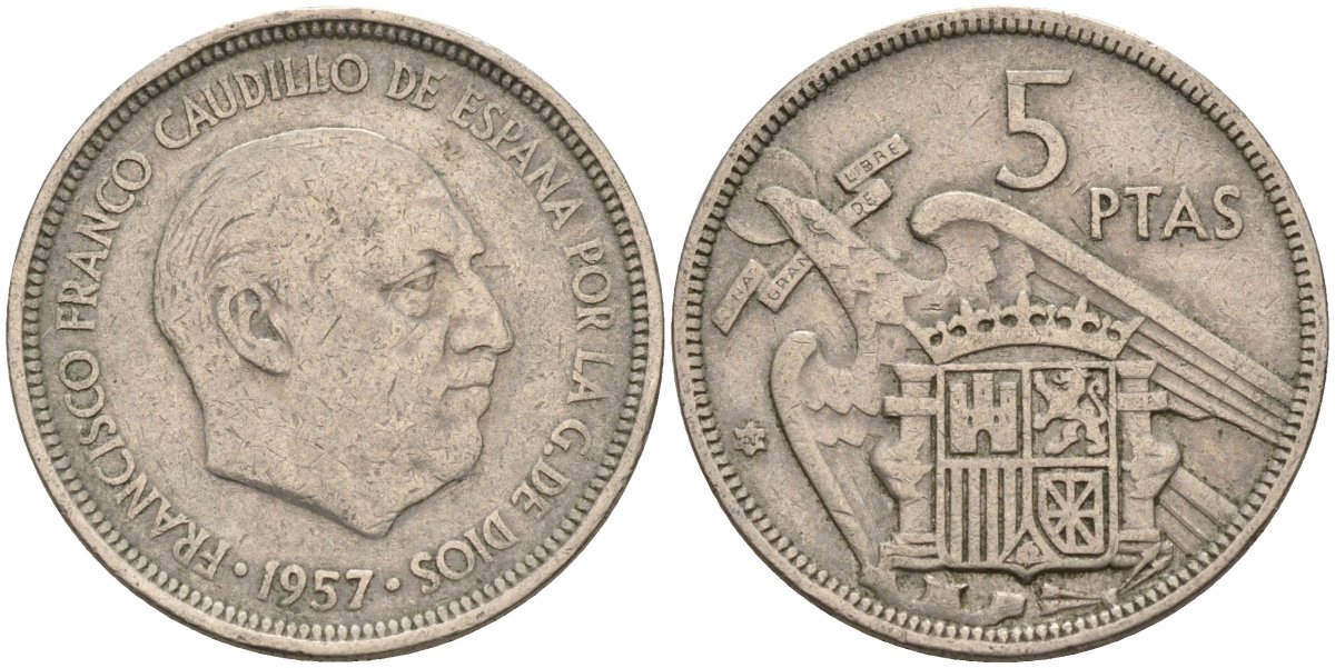 Испания 5 песет 1957 Франсиско Франко (1939 - 1975) KM 786 медно-никель 4155-516