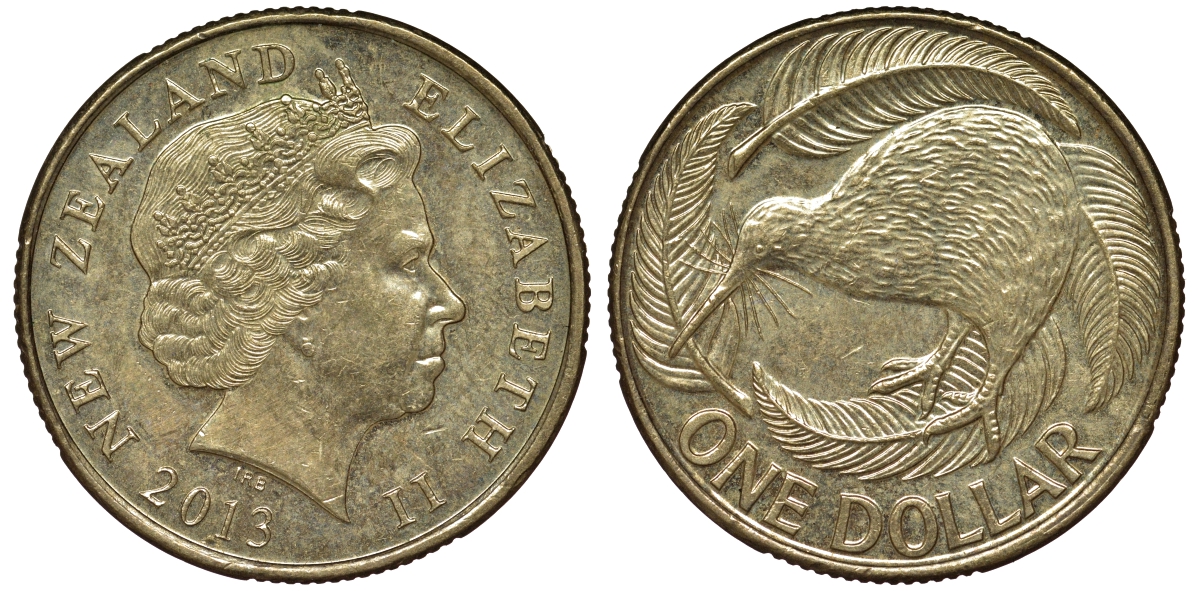 Новая Зеландия 1 доллар 2013 Елизавета II (1952-2022), птица киви  KM 120 алюминиевая бронза 62-1236