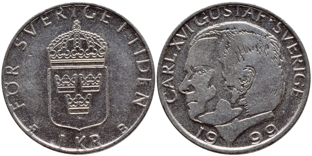 Швеция 1 крона 1999 Карл XVI Густав (1973- ) KM 852a медно-никель 4385-421