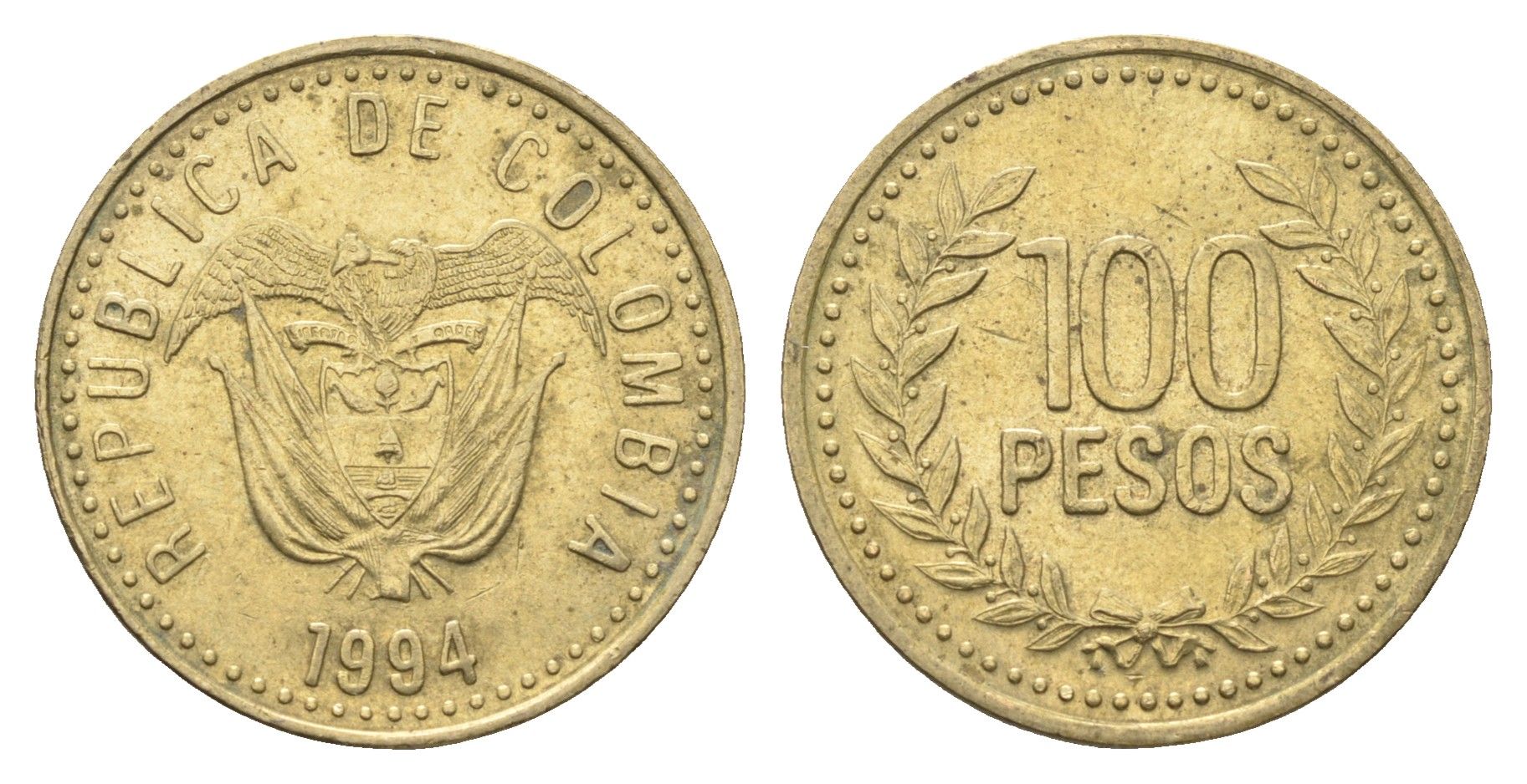 Колумбия 100 песо 1994 KM 285 латунь 4663-452