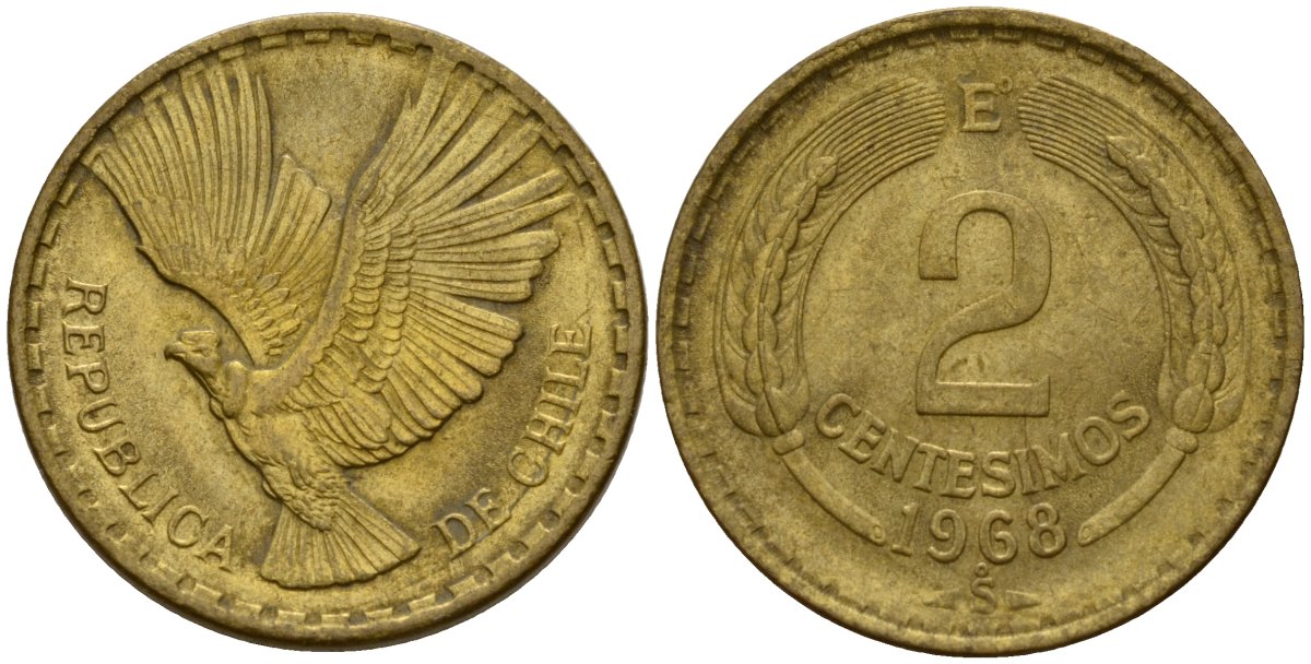 Чили 2 сентесимо 1968 KM 193 алюминиевая бронза 4158-716
