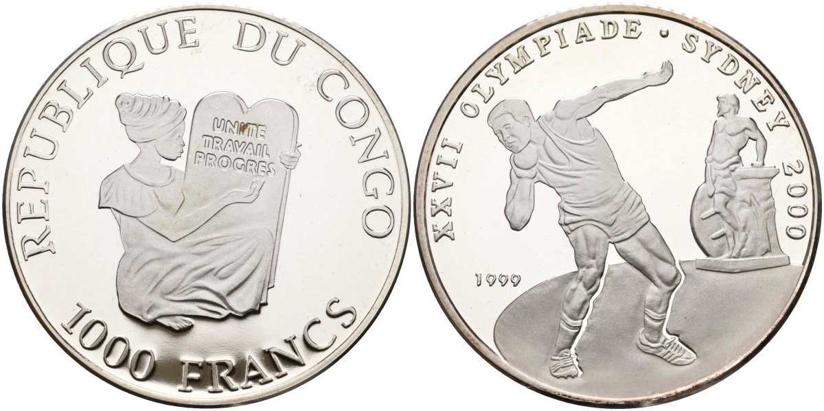 Конго 1000 франков 1999 XXVII олимпийские игры в Сиднее, метание ядра KM 23 серебро PROOF 00-000-00