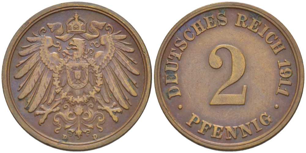 ГЕРМАНИЯ 2 ПФЕННИГА 1911 D KM 16, J. 11, Weege 4 медь 206-558