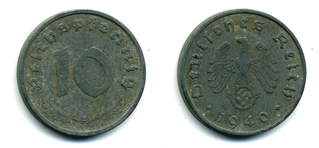 ГЕРМАНИЯ 10 РЕЙХСПФЕННИГОВ 1940 A, KM 101, J. 371 цинк 46-1756