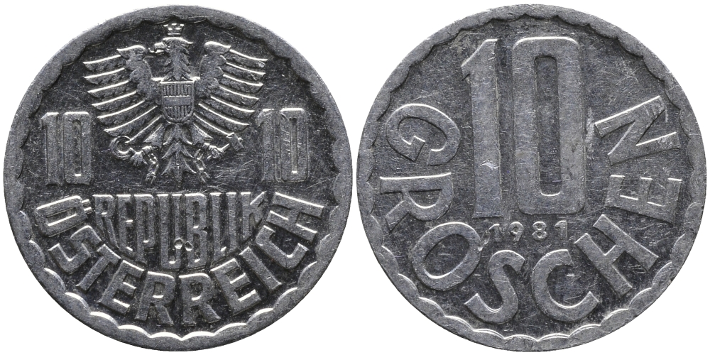 АВСТРИЯ 10 ГРОШЕЙ 1981 KM 2878 алюминий 33-351