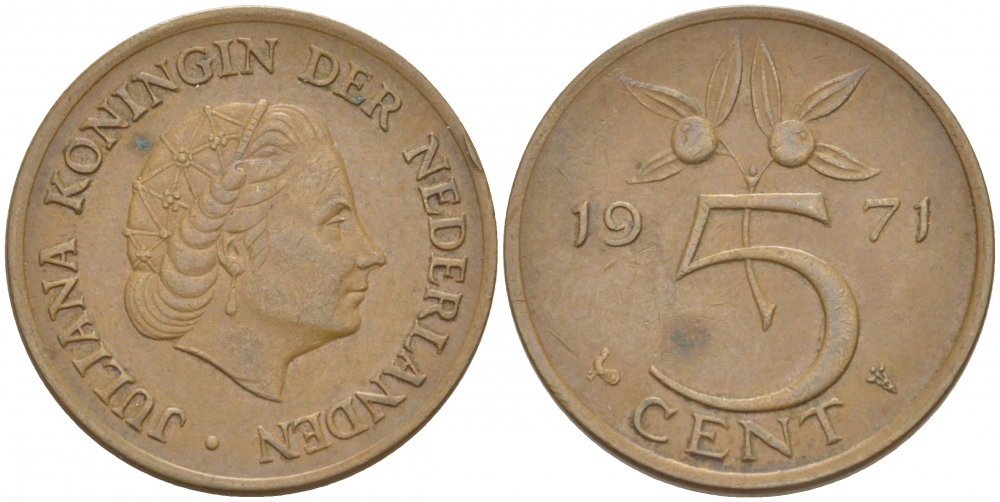 НИДЕРЛАНДЫ 5 ЦЕНТОВ 1971 ЮЛИАНА KM 181 бронза 214-824