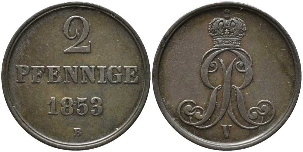 Ганновер 2 пфеннига 1853 В, ГЕОРГ V (1851-1866) KM 217 медь 4448-1037