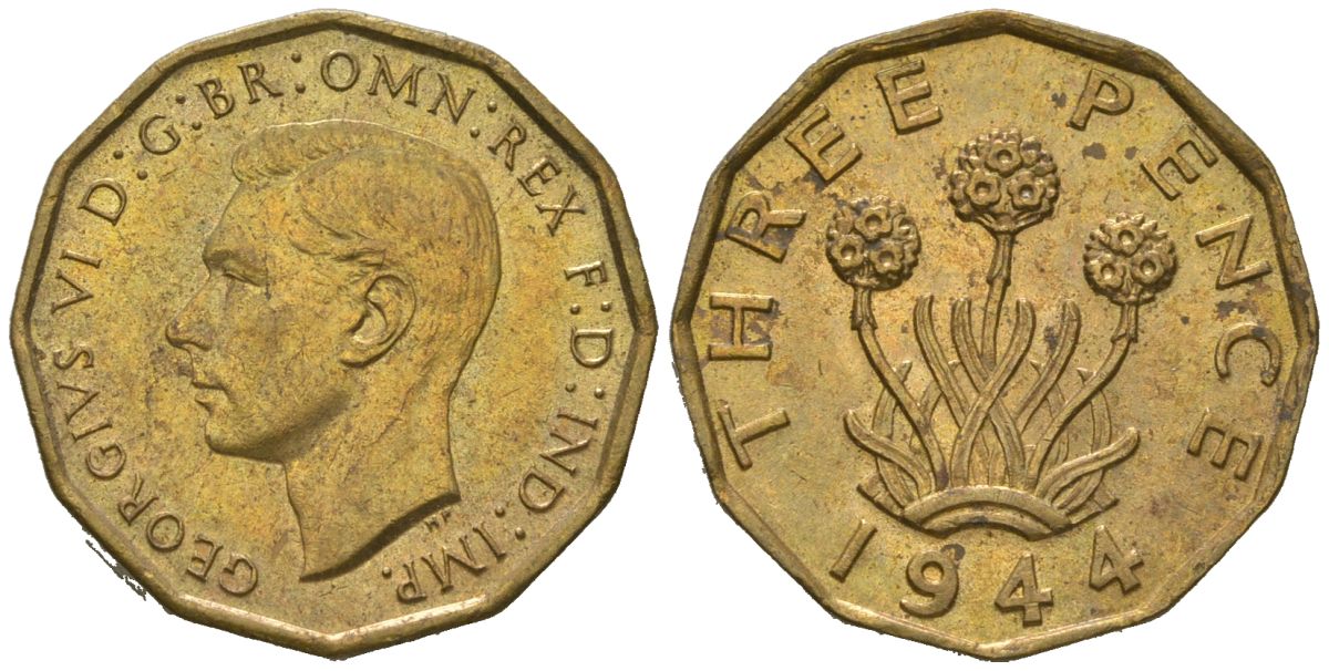 Великобритания 3 пенса 1944 Георг VI (1936-1952) KM 849, Spink 4112 никель латунь UNC 4163-642