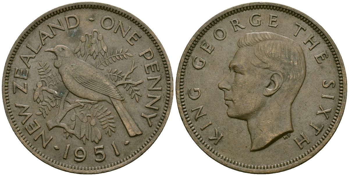 Новая Зеландия 1 пенни 1951 Георг VI (1936-1952), новозеландский туи KM 21 бронза 4171-1216