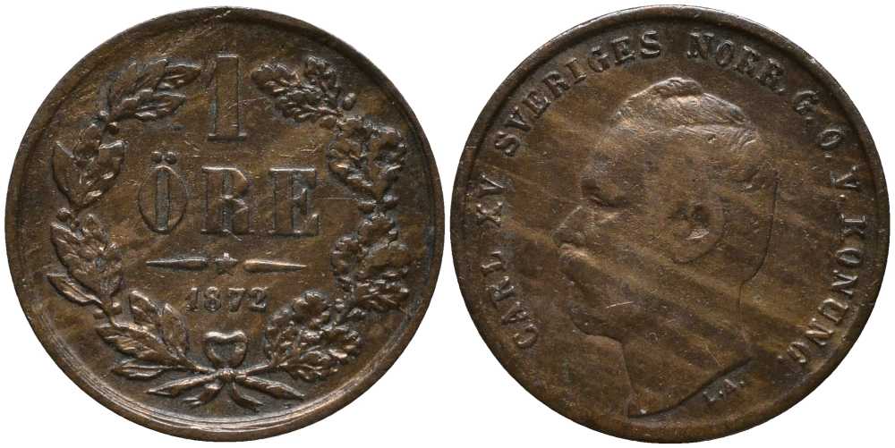 Швеция 1 эре 1872 L.A., Карл XV (1859-1872) KM 705 бронза 202-646