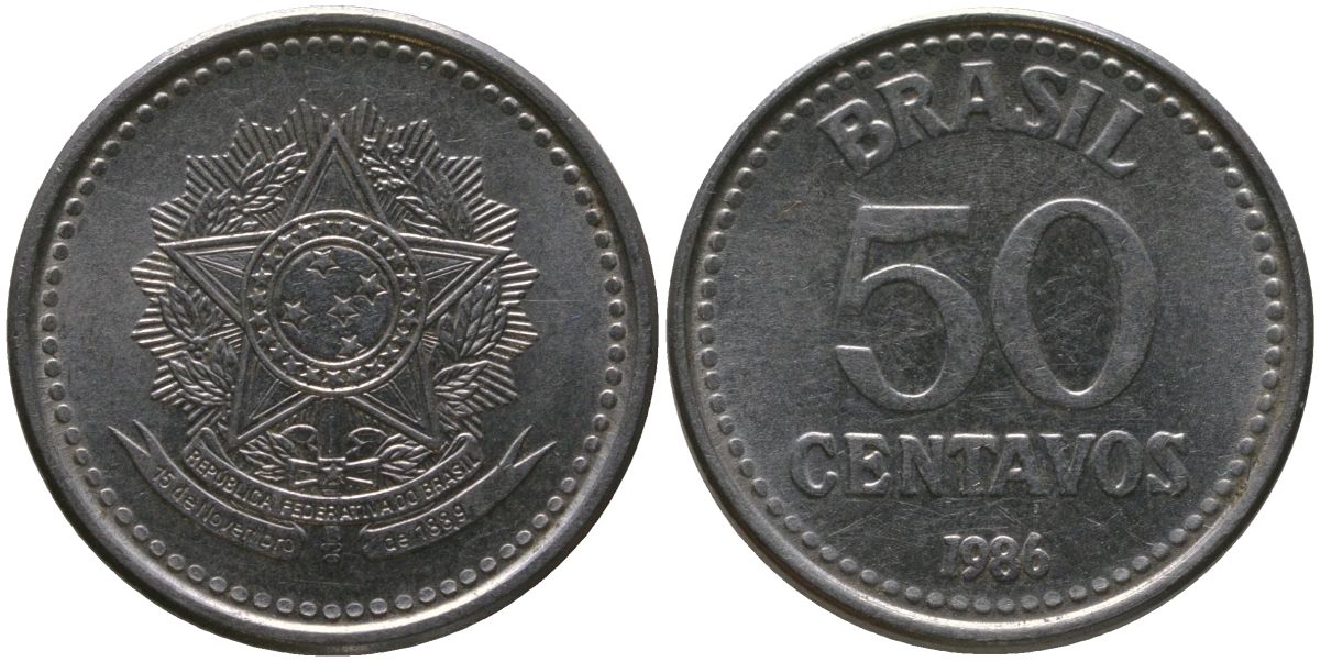 Бразилия 50 сентаво 1986 KM 604, Schon 113 нержавеющая сталь UNC 4577-1143