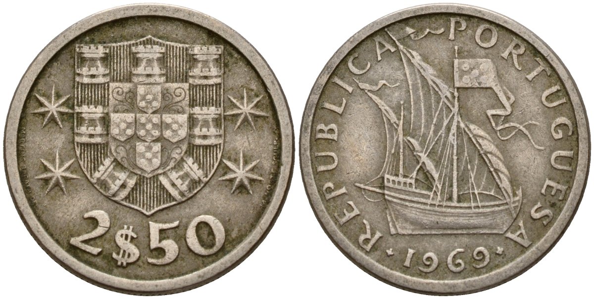 Португалия 2,5 эскудо 1969 парусник KM 590 медно-никель 4189-925