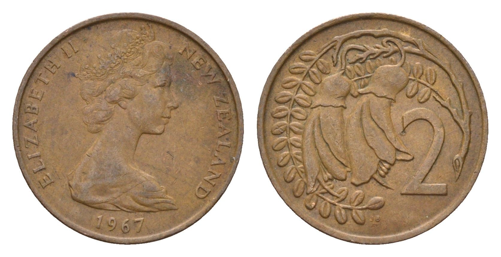 Новая Зеландия 2 цента 1967 Елизавета II (1952-2022), два цветка кохаи KM 32.1 бронза 4669-1165
