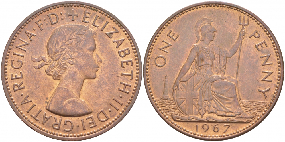 Великобритания 1 пенни 1967 Елизавета II (1952-2022) KM 897, Spink 4157 бронза UNC 3996-222