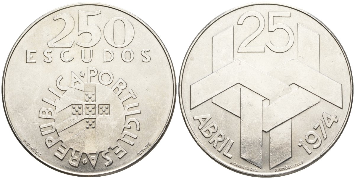 Португалия 250 эскудо 1976 Революция гвоздик 25 апреля 1974 года KM 604 серебро UNC 4558-413