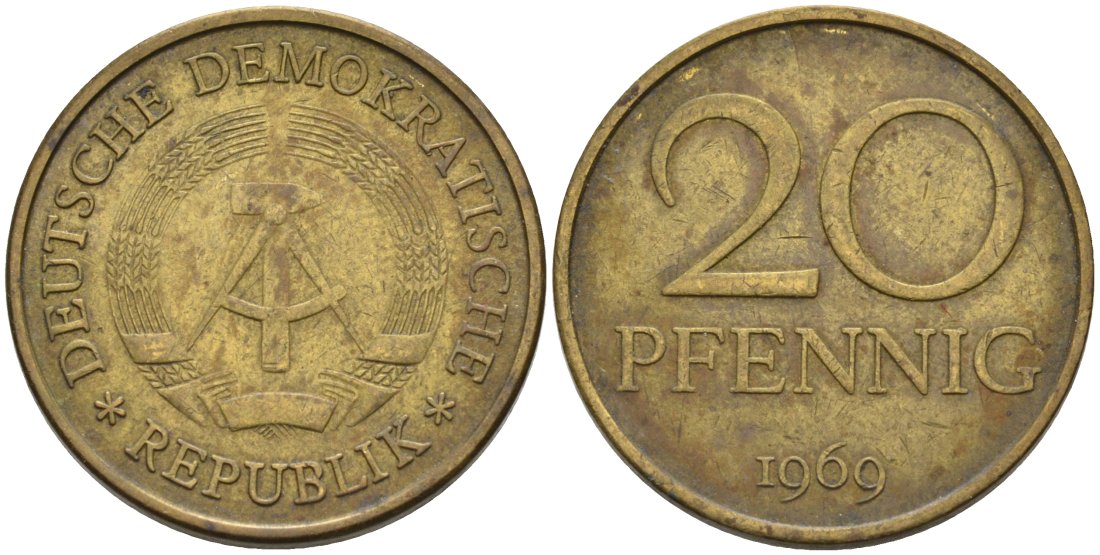 ГДР 20 пфеннигов 1969 А, первый год KM 11 латунь 4571-633