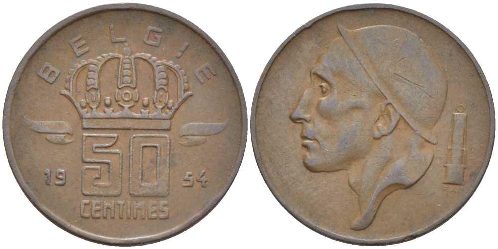 БЕЛЬГИЯ 50 САНТИМОВ 1954 BELGIE, БОДУЭН I (1951-1993) KM 145 бронза 116-962