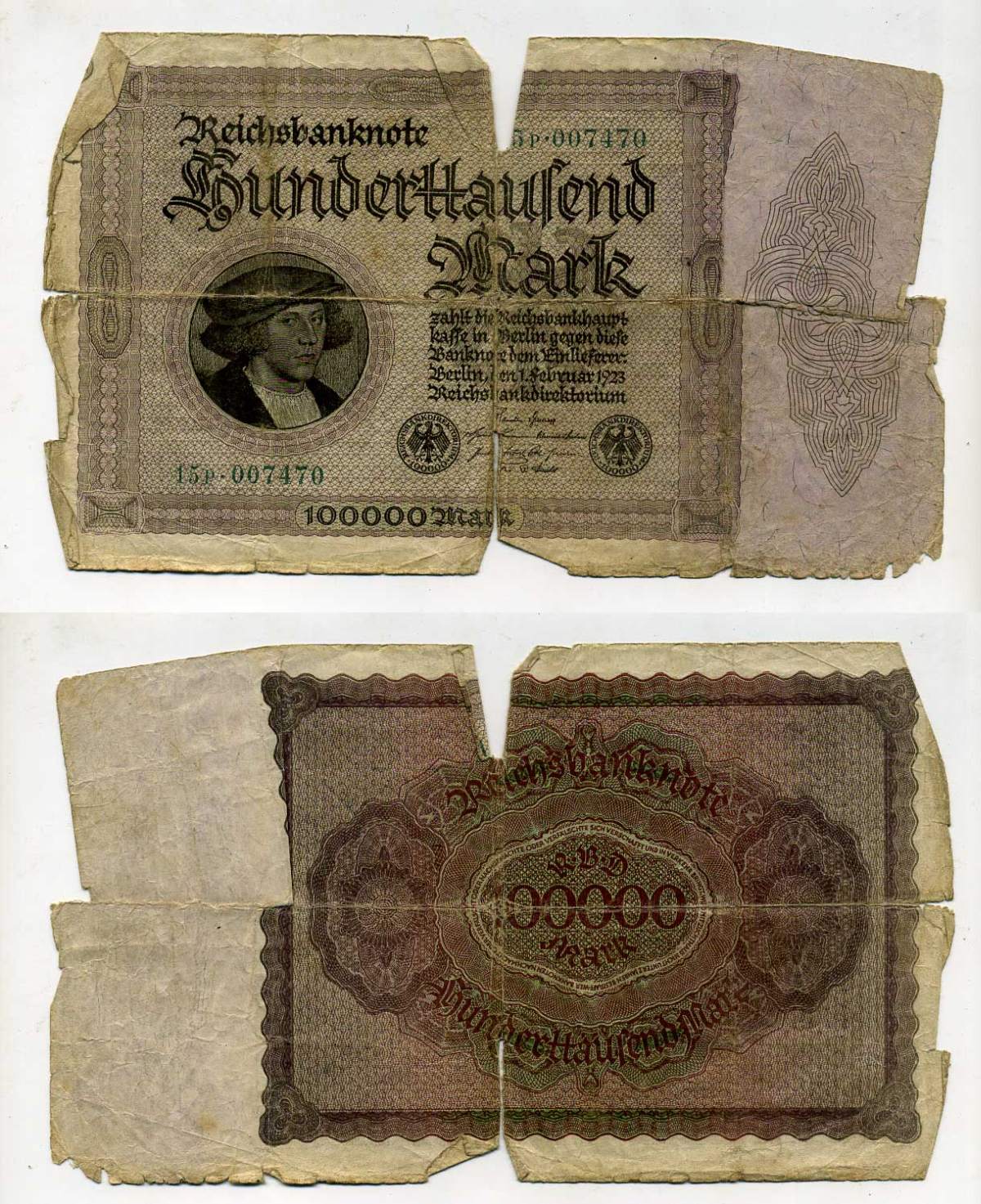 Германия 100000 марок 1923 1 февраля 1923, без Т под портретом Pick 83a бумага 8610-14-1-2