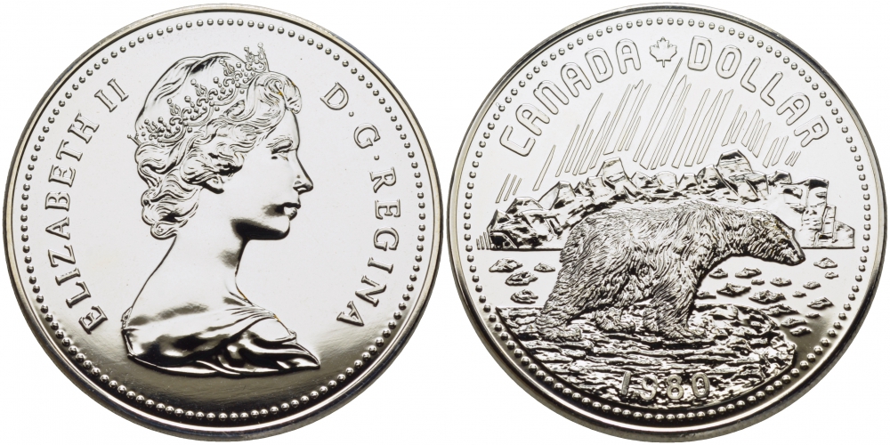 Канада 1 доллар 1980 Арктические территории, полярный медведь KM 128 серебро UNC 1087-6-13