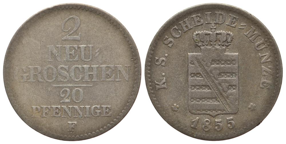 Саксония 2 гроша = 20 пфеннигов 1855 F KM 1160 серебро 413-6125