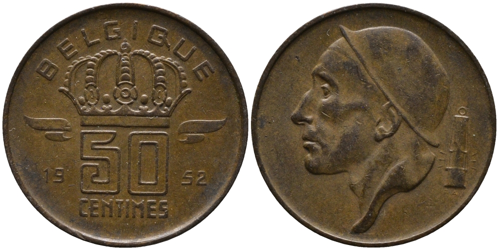 Бельгия 50 сантимов 1952 Belgique, Бодуэн I (1951-1993) KM 144 бронза 99-411