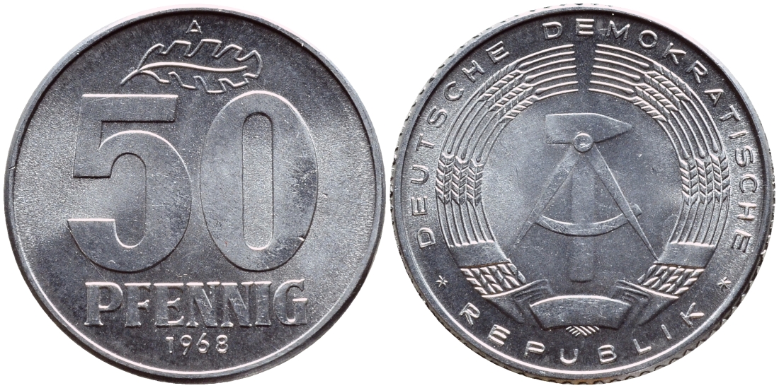 ГДР 50 пфеннигов 1968 А KM 12.2 алюминий UNC 76-1023