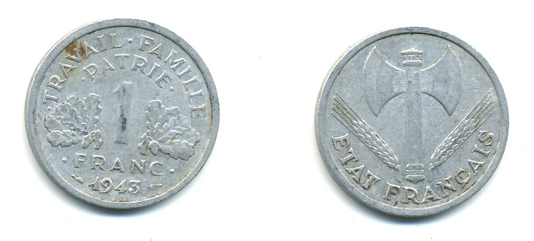 ФРАНЦИЯ 1 ФРАНК 1943 LB, ТИП LEGERE, ПРАВИТЕЛЬСТВО ВИШИ KM 902.1, LE FRANC 223.3 алюминий 80-633
