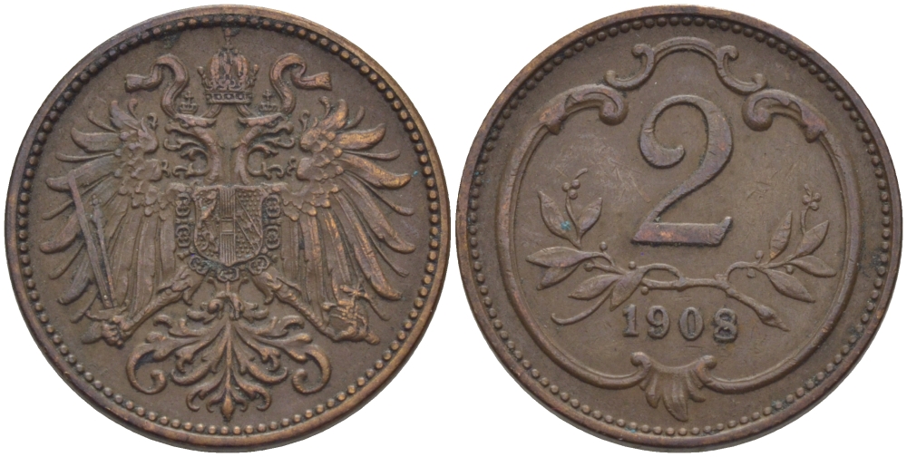 АВСТРИЯ 2 ГЕЛЛЕРА 1908 ФРАНЦ ЙОЗЕФ I (1848-1916) KM 2801 бронза 100-139