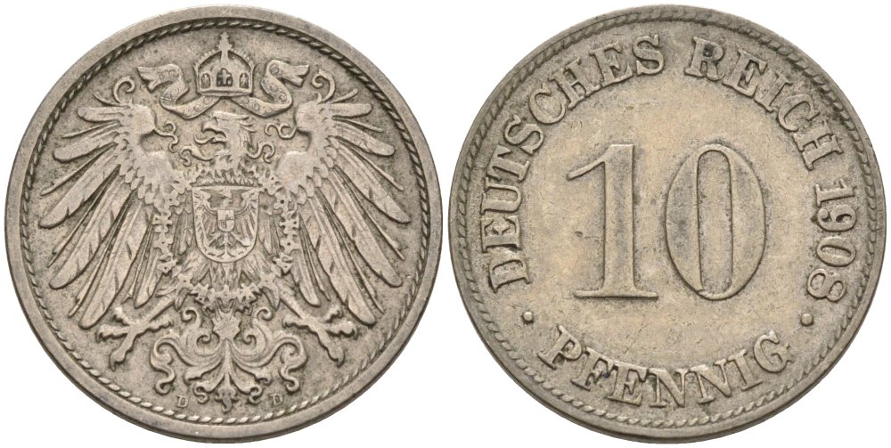 Германия 10 пфеннигов 1908 D KM 12, J. 13 медно-никель 4575-615