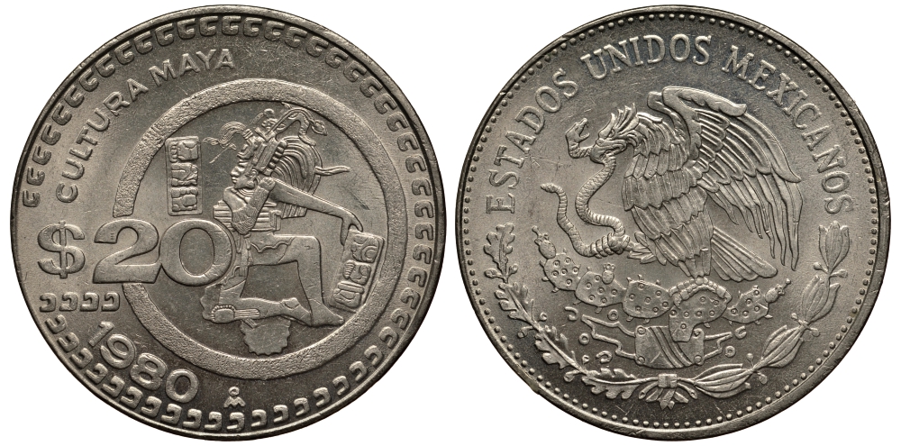 МЕКСИКА 20 ПЕСО 1980 КУЛЬТУРА МАЙЯ KM 486 медно-никель XF-UNC 118-933