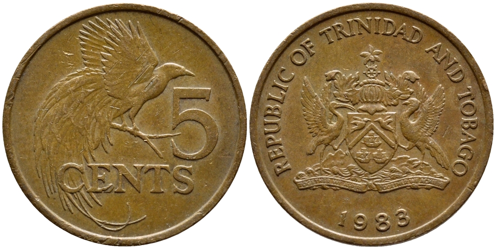 Тринидад и Тобаго 5 центов 1983 райская птица KM 30 бронза 4398-135
