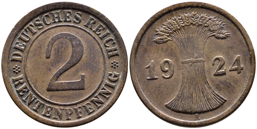 ГЕРМАНИЯ 2 РЕНТЕНПФЕННИГА 1924 A KM 31, J.307 бронза 4387-1132