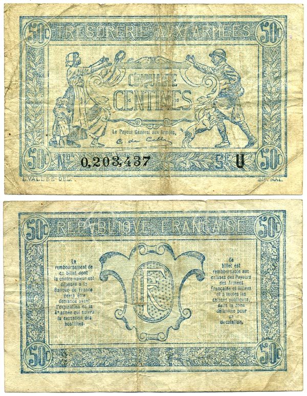 ФРАНЦИЯ 50 САНТИМОВ 1917 СЕРИЯ U, ВЫПУСК ДЛЯ ВОЕННОГО КАЗНАЧЕЙСТВА, ПЕРВАЯ МИРОВАЯ ВОЙНА Pick M1 бумага 7485-9-1