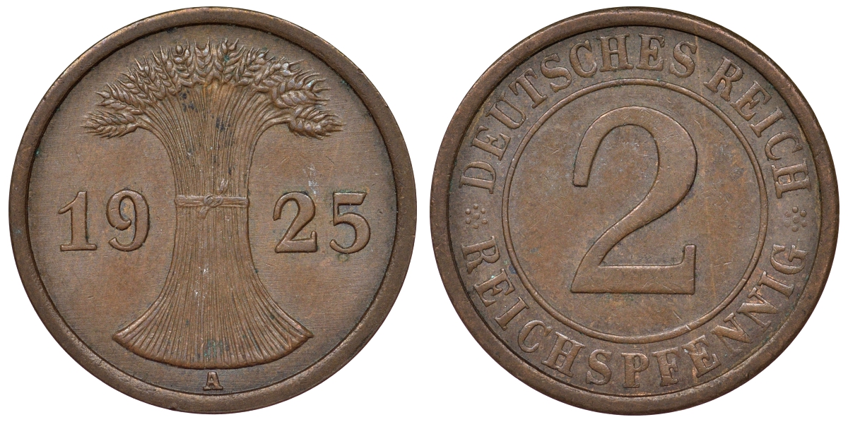 Германия 2 рейхспфеннига 1925 A KM 38, J. 314, Weege 4 бронза 4121-557