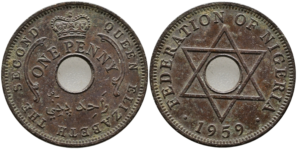 Нигерия 1 пенни 1959 Елизавета II (1952-), Британский протекторат KM 2 бронза 51-257