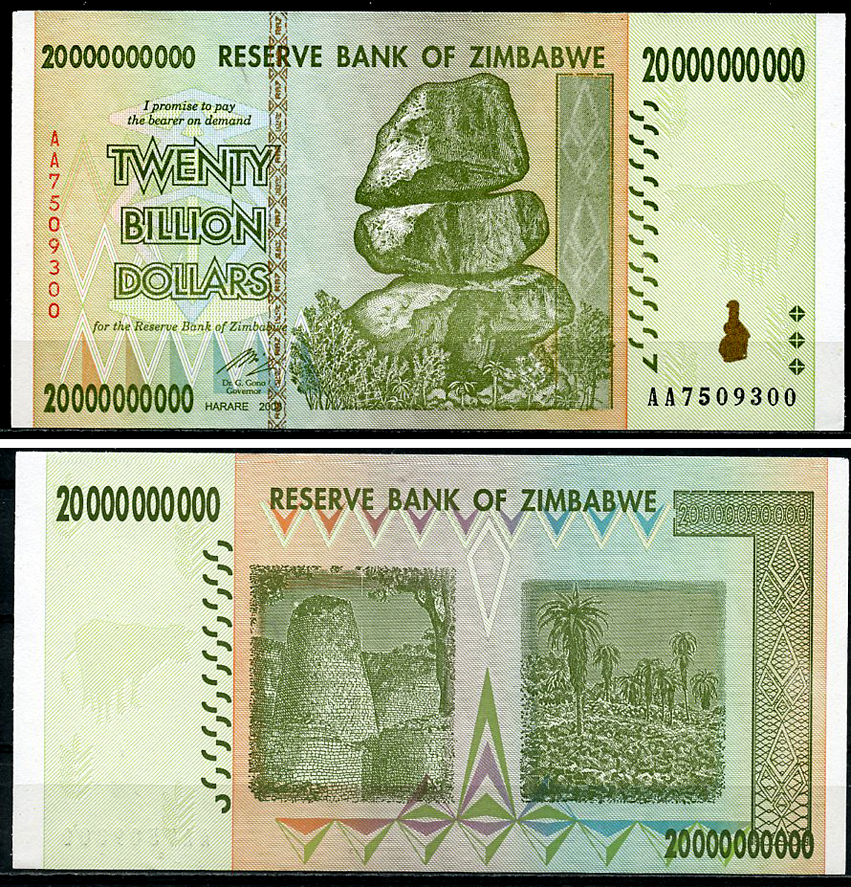 Зимбабве 20000000000 долларов (20 миллиардов) 2008 камни Чиремба, руины, алоэ Pick 86  бумага  UNC (пресс) 449-105-1