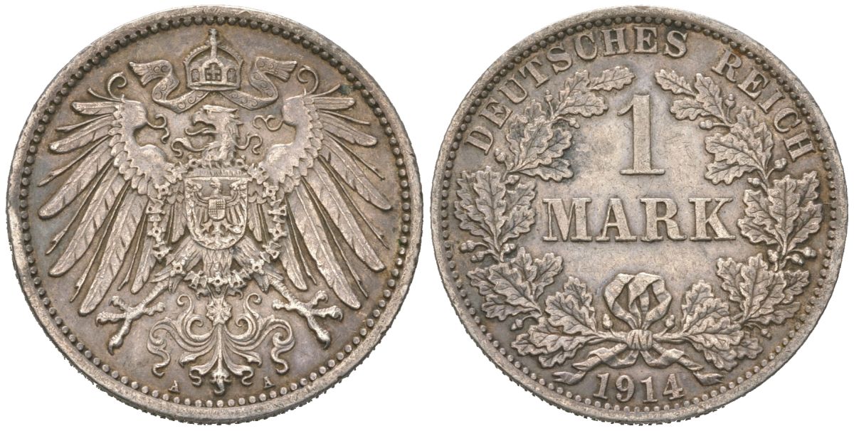 Германия 1 марка 1914 A Weege 18, J. 17, KM 14 серебро 4591-925