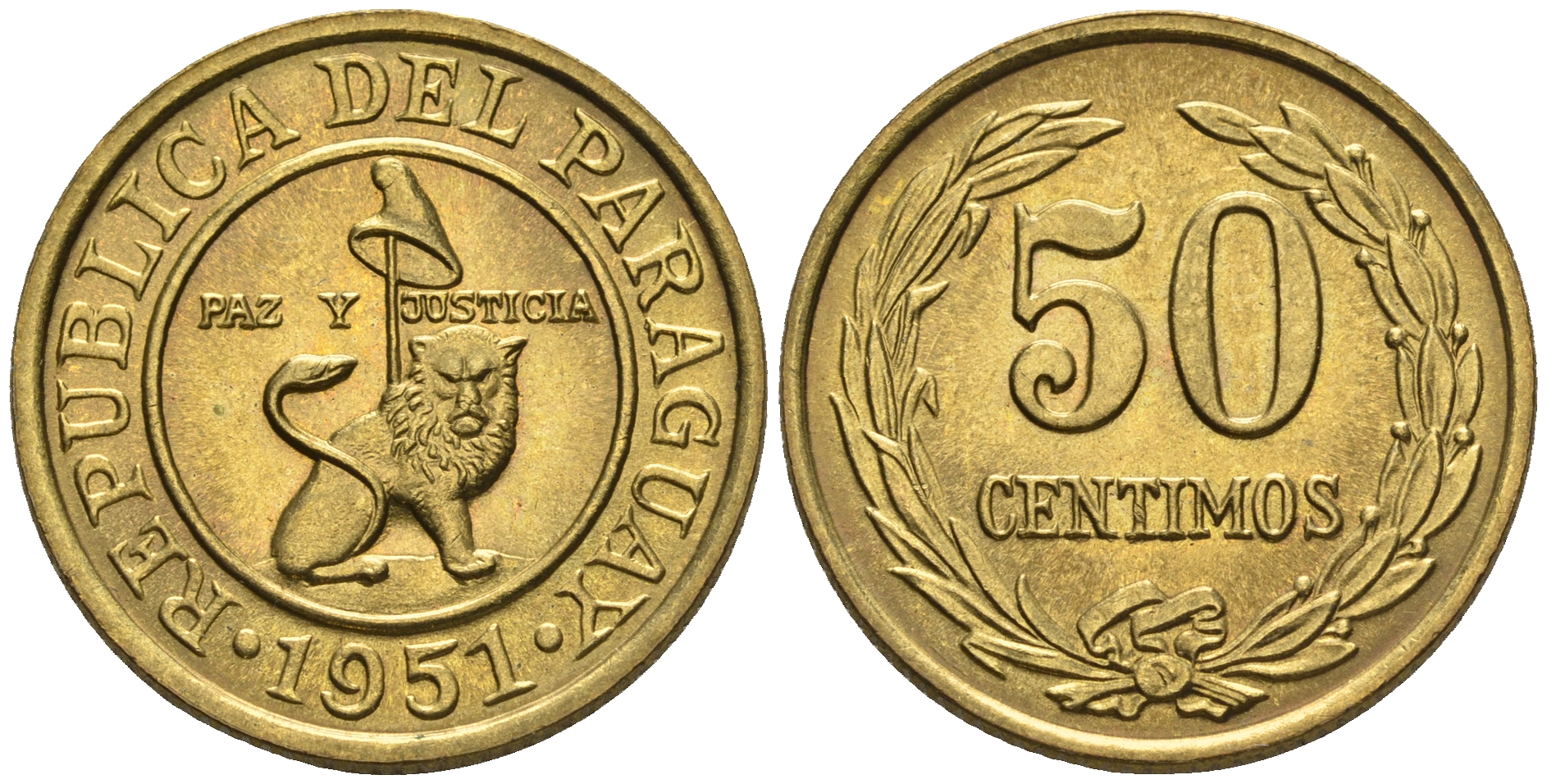 Парагвай 50 сентимо 1951 лев, фригийский колпак на шесте KM 24 алюминиевая бронза  aUNC  4177-613